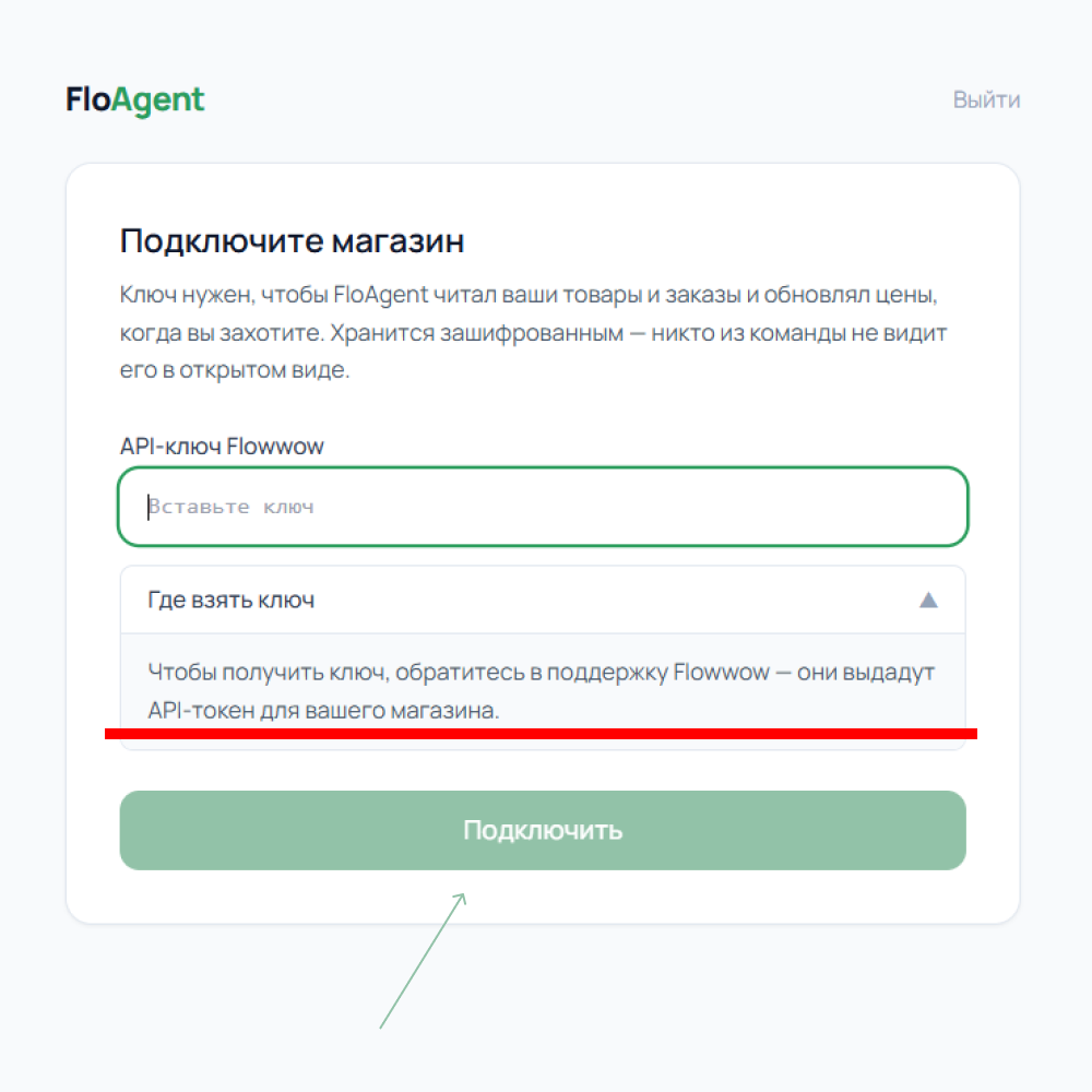 Поле для ввода API-ключа Flowwow